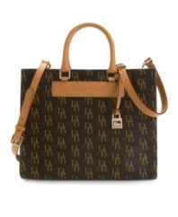 Dooney & Bourke's smart Janine satchel sports their heritage logo print in coated cotton, with smooth leather trim.