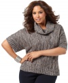 A cowl neckline elegantly finishes INC's short sleeve plus size sweater, accented by metallic stitching. (Clearance)