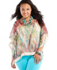 Designed in gauzy chiffon and flaunting a super-cute knit trim, this colorful plus size poncho from Eyeshadow is a perfect layer for a season of sunshine!