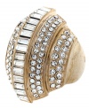 Gold standard. A rich rose gold tone mixed metal setting sets apart this glamorous cocktail ring from Vince Camuto. Embellished with sparkling baguette and pave accents in crystal and resin, it adds a dazzling decorative detail to any evening look. Size 7.