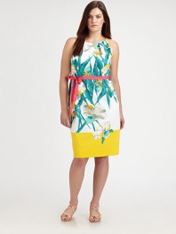 Featuring one of this season's hottest trends, colorblocking, this floral-print sheath offers you the fit you've been craving.Halter necklineGrosgrain beltSolid hemAbout 37 from shoulder to hem98% cotton/2% elastaneDry cleanImported