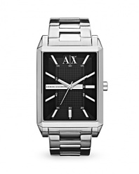 Modern with a boldly sized face. Armani Exchange's silver-plated tank watch boasts an angular design and advanced movement, making it a smart choice for the office and cool enough to take off the clock.