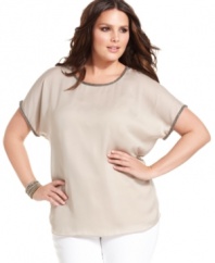 Beading beautifies DKNYC's short sleeve plus size top for an ideal day to night look!