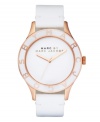 Simple rose-gold accents take center stage on this Blade watch by Marc by Marc Jacobs. White patent leather strap and round rose-gold tone stainless steel case. White enamel bezel with rose-gold text logo. White dial features three rose-gold tone hands and black logo. Quartz movement. Water resistant to 30 meters. Two-year limited warranty.
