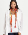 A tranquil print with braided, tassel details.Silk42 X 42Dry cleanImported