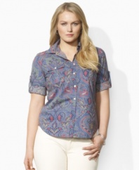 This plus size Lauren by Ralph Lauren cotton shirt updates classic workwear styles with a sweeping paisley pattern and chic rolled sleeves.