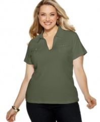 Get polished casual style with Karen Scott's short sleeve plus size top, featuring a Johnny collar for an elegant finish.