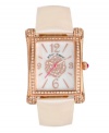 Everything is coming up roses with this romantic watch by Betsey Johnson on your wrist. White patent leather strap and rectangular rose-gold tone stainless steel case encrusted with crystal accents. White mother-of-pearl dial features large crystal-accented rose graphic, rose-gold tone numerals at twelve, three, six and nine o'clock, stick indices, rose-gold tone hour and minute hands, signature fuchsia second hand and logo. Quartz movement. Two-year limited warranted.