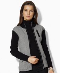 Rendered in ultra-soft combed cotton, Lauren by Ralph Lauren's petite mockneck cardigan gets a chic update with a sophisticated herringbone pattern and silver-toned hardware for modern style.