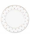 Pave your table in polka dots for fine dining without the formality. From kate spade new york dinnerware, the Larabee Road salad plate features luxe bone china with platinum accents that combine easy elegance and irresistible whimsy.