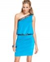Sequin trims and a bandage-style skirt add trend-right flavor to this one-shoulder party dress from City Triangles!