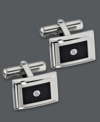 Polished and presentable. Accent your favorite work shirt with these sleek cuff links. Crafted in stainless steel, cuff links features a rectangular black enamel design with a sparkling diamond accent. Surface coated with a scratch-resistant clear finish. Cuff links have swivel backs for ease of use. Approximate length: 5/8 inch. Approximate width: 1/2 inch.