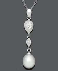 Linear elegance. This shapely pendant incorporates a cultured freshwater pearl drop (7-8 mm) and two diamond-accented drops. Set in sterling silver. Approximate length: 18 inches. Approximate drop: 3/4 inch.