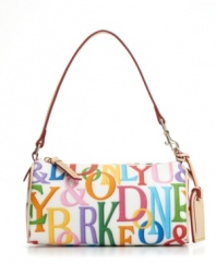 Color yourself fabulous! This classic mini barrel silhouette from Dooney & Bourke features a colorful signature print, solid trim and luggage tag at handle base.