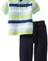 Nautica Sportswear Kids Baby-boys Infant Short Sleeve Striped Polo with Denim Pant, Light Blue, 24 Months