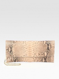 Luxurious python in a sleek and chic flap design with a concealable chain strap.Concealable chain shoulder strap, 14 dropMagnetic flap closureOne inside zip pocketSuede lining12W X 5¾H X ¾DImported