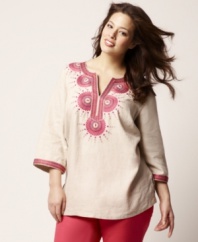 Charming embroidery lends global flair to Charter Club's three-quarter sleeve plus size tunic top, crafted from linen.