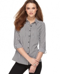 The chic stripes of this petite Elementz shirt make any day a stylish one! Pair with slim pants or jeans for an easy ensemble. (Clearance)