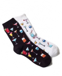 It's always happy hour somewhere! Funky trouser socks by Hot Sox feature colorful tropical mixed drinks.