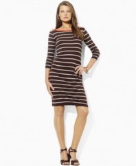 Designed with sleek stripes and a bright burst of color at the neckline, this essential petite Lauren by Ralph Lauren dress evokes easy glamour in light-as-air cotton jersey.