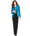 A can't-miss work look is easy to achieve: Tahari by ASL's petite suit pairs a cobalt jacket and classic black trousers with a chic cowlneck shell that marries both colors together.