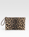 A compact shape of leopard-printed pony hair, finished with sleek metal studs and a leather wristlet strap. Studded leather wristlet strap, 7 dropTop zip closureOne inside zip pocketTwo inside open pocketsCotton lining14W X 9H X ½DMade in Italy