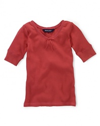 A soft ribbed cotton jersey top is updated for a pretty look with lace trim and a ribbon accent at the neckline.