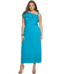 A ruffed neckline lends a fresh take on the plus size maxi dress by DKNYC-- look your best this season!