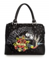 Let the good times roll with this Ed Hardy design featuring a dice, rose and bird graphic at front. A roomy tote shape with rhinestone embellished signature detailing.