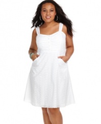 Commit to flirty, picnic style with this plus size dress from Ruby Rox! The a-line shape and pretty eyelet design play to your girlish side.