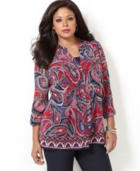 A bold scarf print vitalizes Charter Club's three-quarter sleeve plus size top, accented by a pintucked front.