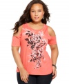 Show off your shoulders with L8ter's printed plus size top, featuring on-trend cutouts.