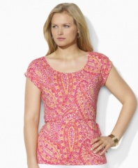 A vibrant pattern enlivens this ultra-soft Lauren by Ralph Lauren plus size top, rendered with a chic scoop neckline and slim tie at the waist.