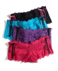 Hug your hips with a little attitude. JT Intimates laced up the sides of these comfy & cute lace boyshorts. Style #BF9813