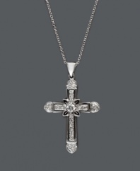Vintage style and spirituality combine in this exquisite Effy Collection pendant. An antique-inspired cross features an intricate cut decorated with round-cut diamonds (1/4 ct. t.w.). Setting and chain crafted in 14k white gold. Approximate length: 18 inches. Approximate drop: 1-1/4 inches x 3/4 inch.