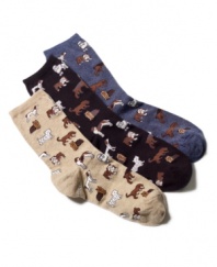 Take the dogs for a walk. Trouser socks by Hot Sox features all your favorite furry friends.