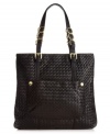 A sophisticated design with gorgeous glam detailing. This woven tote from Olivia + Joy features gleaming signature hardware, a unique all-over woven exterior and convenient pockets inside and out.