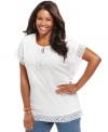 Team your casual bottoms with Jones New York Signature's short sleeve plus size top, accented by crochet trim.