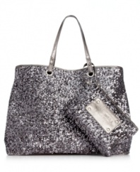 A classic silhouette gets a glam update in shimmery sequin that's absolutely eye-catching. The spacious interior features plenty of pockets to ensure all your belongings stay safe, while the complementary wristlet keeps ID, cash and cards close at hand.