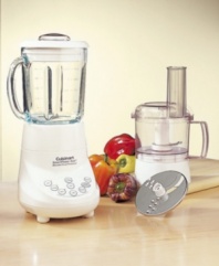 Two indispensable kitchen appliances in one, the Cuisinart food processor and blender will do all your slicing, dicing, shredding, and mixing for you. 40 oz. glass dripless pour spout jar. Ice crush button with pulse at any speed. 3-cup capacity work bowl with cover, feed tube, and pusher Stainless steel chopping blade. Reversible slicing/shredding disc. 7 speed. Style BFP-703.