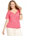 A darling polka dot print enlivens Jones New York Collection's short sleeve plus size top, featuring a flattering draped design.