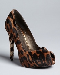 Fabulously feline, these Stuart Weitzman platform pumps take the animal trend to new heights in a variegated print on luxe calf hair.