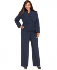 Evan Picone puts a sleek spin on this plus size pant suit with a stand-collar, belted jacket and wide-leg trousers. Peeptoe heels are the perfect finishing element.