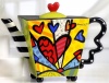 Romero Britto Teapot Square Heart Ceramic Dolomite Tea Pot Infuser Cup Decor New