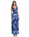 BCBGMAXAZRIA Women's Mae Maxi Dress With Front And Back V-Neck, Blue Combo, X-Small