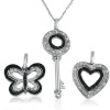 Black and White Diamond 3 Necklace Set in Sterling Silver Key, Heart & Butterfly (1/5cttw. 18in. Chain)