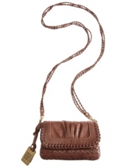 Frye takes country chic to the boho chick with this woven mini purse featuring a pleated flap and a triple-braid crossbody strap. And look inside: the frame compartment and zip pocket keep you organized.