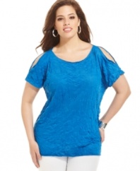 Show off a hint of skin with J Jones New York's short sleeve plus size top, featuring sassy shoulder cutouts.