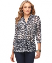 Semi-sheer fabric adorned with a pretty print makes this petite Charter Club blouse a day-to-night essential. Pair it with a cami and slim pants for an expertly paired ensemble. (Clearance)