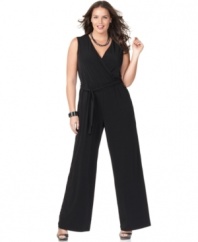 Celebrate the '70s in NY Collection's sleeveless plus size jumpsuit, featuring a belted waist.